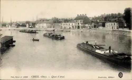Ak Creil Oise, Quai d'Aval, Lastkähne