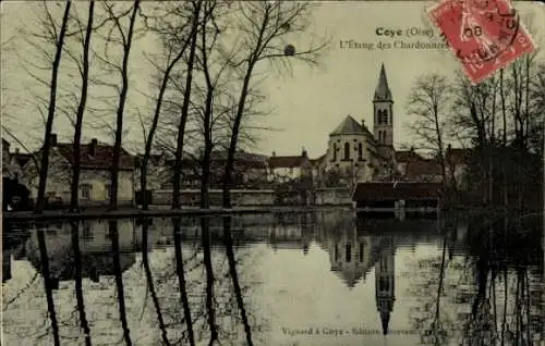 Ak Coye Oise, L'Etang des Chardonnere, Kirche