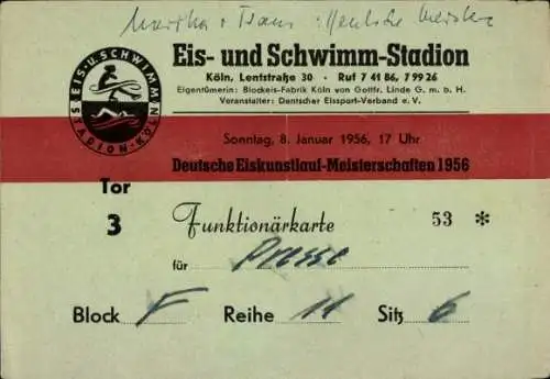 Ak Eis- und Schwimm-Stadion, Deutsche Eiskunstlauf-Meisterschaften 1956, Funktionärkarte für Presse