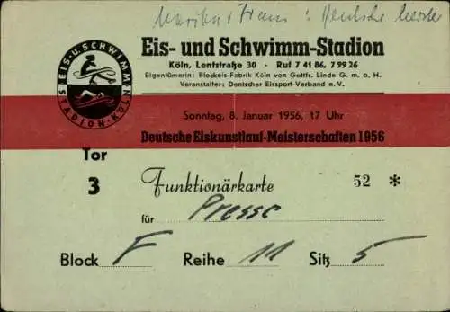 Ak Eis- und Schwimm-Stadion, Deutsche Eiskunstlauf-Meisterschaften 1956, Funktionärkarte für Presse