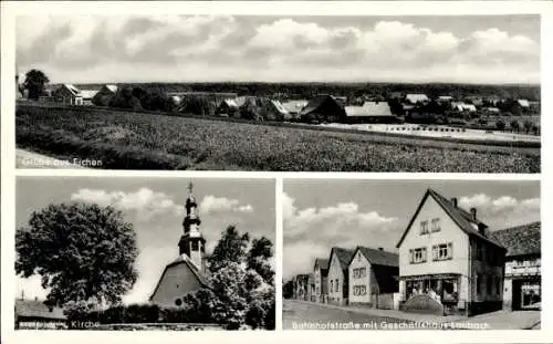 Ak Groß Eichen Mücke in Hessen, Kirche, Bahnhofstraße, Geschäftshaus Laubach