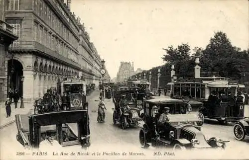 Ak Paris I Louvre, Rue de Rivoli, Pavillon de Marsan, Straßenbahn