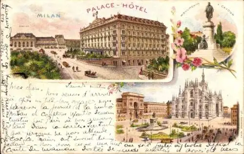 Litho Milano Mailand Lombardia, Palace-Hotel, Dom, Bahnhof, Monument Cavour
