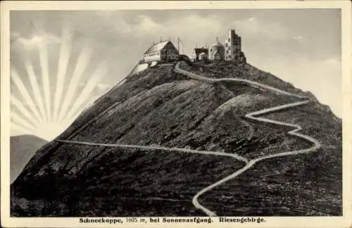 Ak Malá Úpa Kleinaupa Riesengebirge Region Königgrätz, Schneekoppe bei Sonnenaufgang, Baude