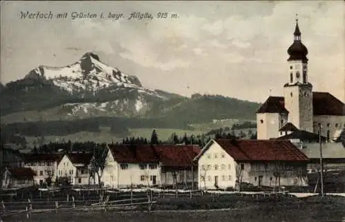 Ak Wertach im Allgäu, Totalansicht, Grünten, Kirche