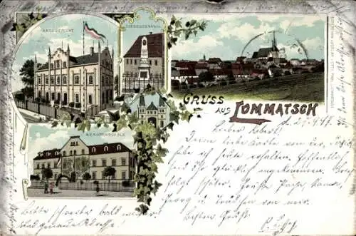 Litho Lommatzsch in Sachsen, Amtsgericht, Siegesdenkmal, Beamtenschule, Ortsansicht