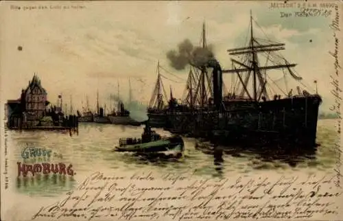 Halt gegen das Licht Litho Hamburg, Hamburger Hafen, Dampfschiff