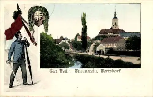 Passepartout Ak Bertsdorf in der Oberlausitz, Ortsansicht, Turnverein Bertsdorf