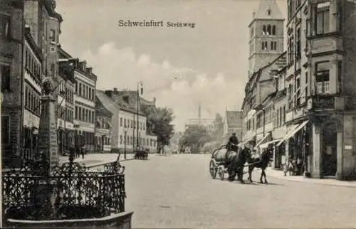 Ak Schweinfurt in Unterfranken Bayern, Steinweg, Pferdefuhrwerk, Brunnen