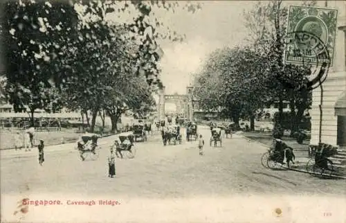 Ak Singapur, Cavenagh Brücke, Rikschas