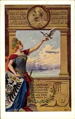 Künstler Ak Kaiser Wilhelm II., 25-jähriges Regierungsjubiläum, 15. Juni 1913, Germania, Zeppelin