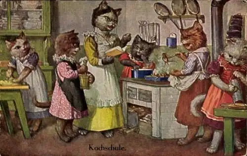 Künstler Ak Thiele, Arthur, Kochschule, vermenschlichte Katzen kochen am Herd