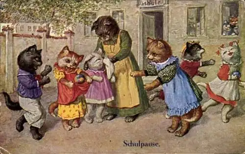 Künstler Ak Thiele, Arthur, Schulpause, Vermenschlichte Katzen auf dem Schulhof, Lehrerin