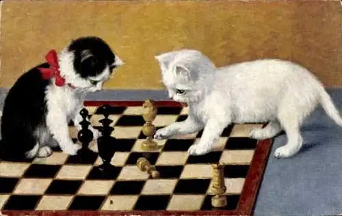 Künstler Ak Zwei kleine Katzen auf einem Schachbrett