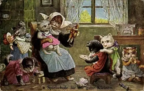Künstler Ak Thiele, Arthur, Vermenschlichte Katzen, Spielschule für die ganz Kleinen