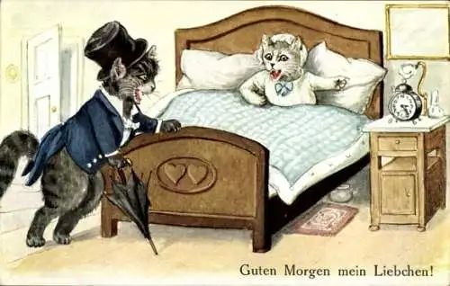 Ak Guten Morgen mein Liebchen, vermenschlichte Katzen, betrunkener Kater kommt nach Hause