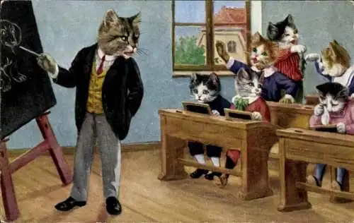 Künstler Ak Katzenschule, vermenschlichte Katzen in der Schule, Lehrer