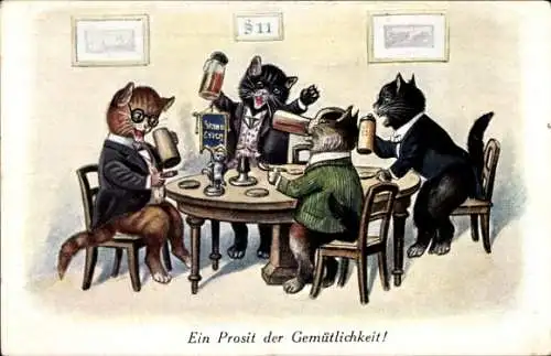 Künstler Ak Kaskeline, F., Ein Prosit der Gemütlichkeit, vermenschlichte Katzen, Stammtisch, Bier