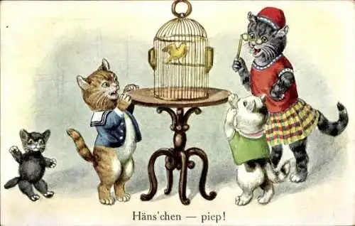 Künstler Ak Vermenschlichte Katzen, Vogelkäfig, Hänschen Piep