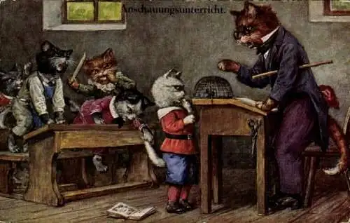 Künstler Ak Thiele, Arthur, Anschauungsunterricht, vermenschlichte Katzen in der Schule