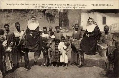 Ak Zifté Ägypten, En Excursion apostolique, Missions Africaines, Missionsschwestern auf Eseln