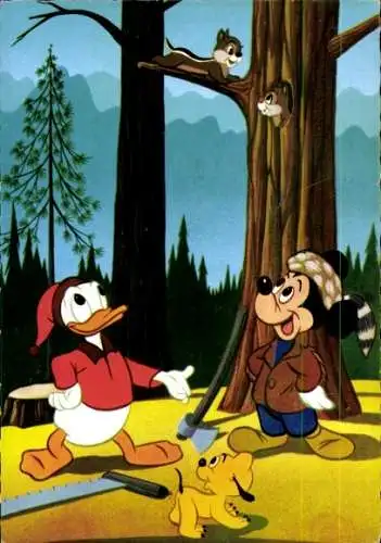 Künstler Ak Walt Disney, Micky Maus, Donald Duck, Pluto, Eichhörnchen