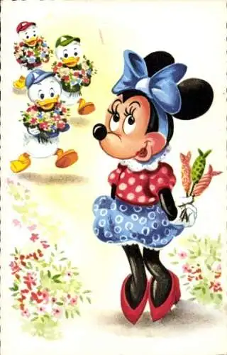 Ak Walt Disney, Minnie Maus, Tick, Trick und Track, Blumen