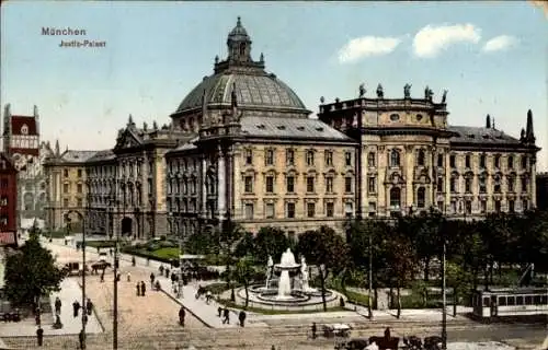 Ak München, Justiz-Palast, Springbrunnen, Straßenbahn