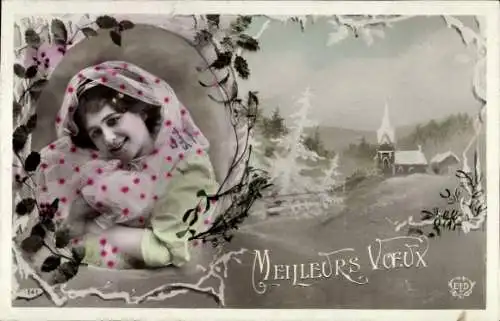 Passepartout Ak Portrait einer Frau, Winterlandschaft