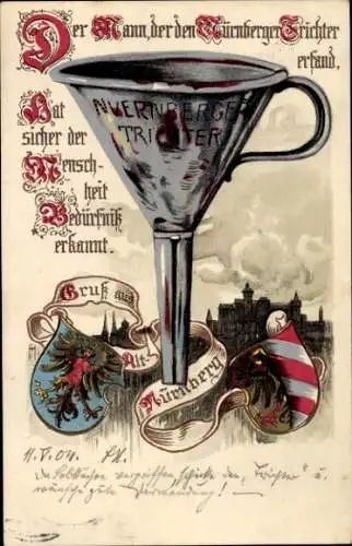 Wappen Künstler Litho Dresscher, A., Nürnberg in Mittelfranken, Nürnberger Trichter