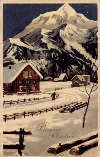 Ak Glückwunsch Neujahr, Winterlandschaft, Ortschaft, Gebirge