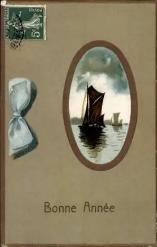 Präge Ak Glückwunsch Neujahr, Blaue Schleife, Segelboote