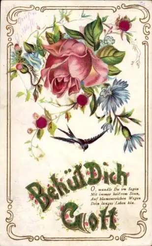 Ak Behüt Dich Gott, Rose, Kornblumen, Schwwalbe