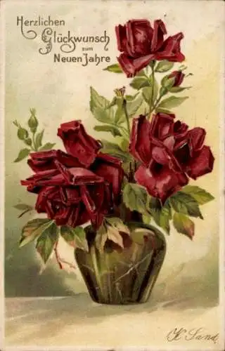 Präge Litho Glückwunsch Neujahr, Rote Rosen in einer Blumenvase