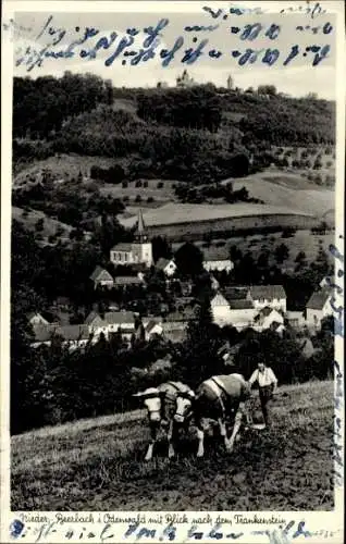 Ak Nieder Beerbach Mühltal im Odenwald, Ort, Bauer mit Ochsenpflug, Burg Frankenstein