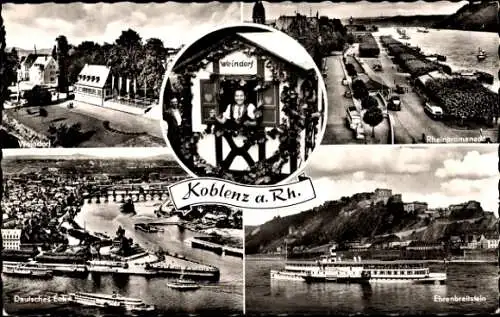 Ak Koblenz am Rhein, Weindorf, Ehrenbreitstein, Deutsches Eck, Rheinpromenade
