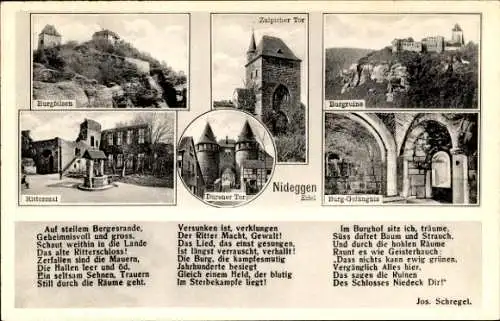 Ak Nideggen in der Eifel, Burgfelsen, Burgruine, Burg-Gefängnis, Rittersaal, Dürener Tor, Gedicht