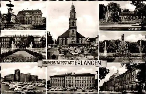 Ak Erlangen in Mittelfranken Bayern, Hugenottenplatz, Orangerie, Collegienhaus, Schloss, Rathaus