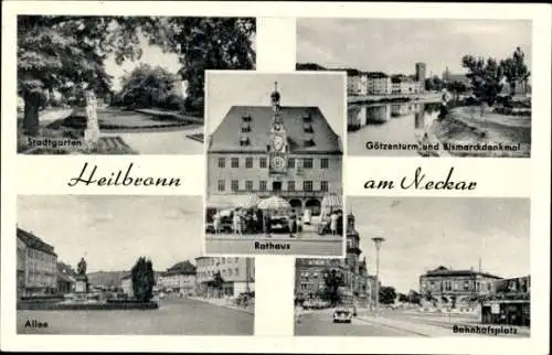 Ak Heilbronn am Neckar, Rathaus, Götzenturm, Bahnhofsplatz, Allee, Stadtgarten