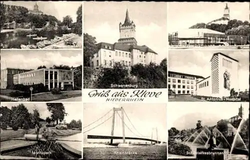 Ak Kleve am Niederrhein, Schwanenburg, St. Antonius-Hospital, Rheinbrücke, Moritzpark, Hallenbad