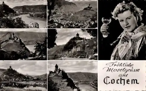 Ak Cochem an der Mosel, Weinglas, Frau, Panorama, Burg, Schloss