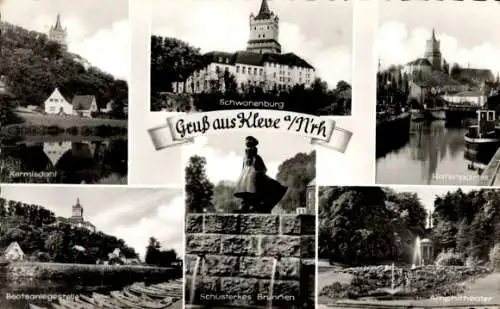 Ak Kleve am Niederrhein, Schwanenburg, Hafen, Amphitheater, Schusterkes Brunnen, Bootsanlegestelle