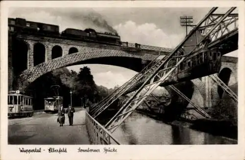 Ak Elberfeld Barmen Wuppertal in Nordrhein Westfalen, Sonnborner Brücke, Schwebebahn, Tram, Lok