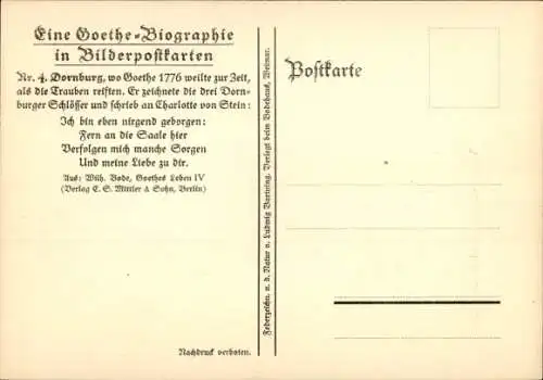 Künstler Ak Dornburg an der Saale Thüringen, Goethe-Biografie, Gedicht, Nr. 4