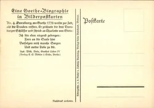 Künstler Ak Dornburg an der Saale Thüringen, Goethe-Biographie in Bilderpostkarten, Gesamtansicht