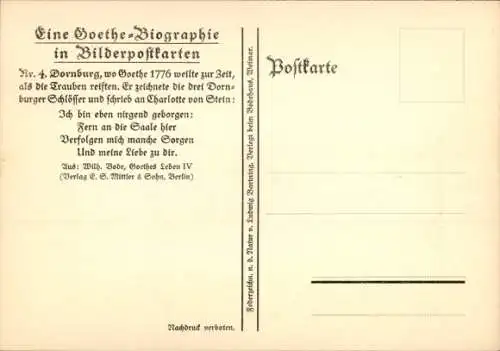 Künstler Ak Dornburg an der Saale Thüringen, Goethe-Biographie in Bilderpostkarten, Gesamtansicht