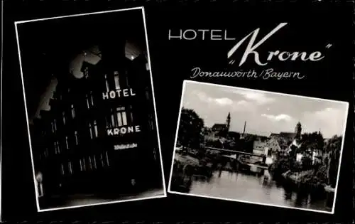 Ak Donauwörth in Schwaben Bayern, Hotel Krone, Nacht, Teilansicht