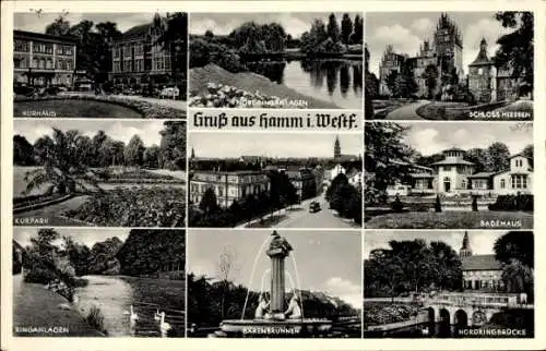 Ak Hamm in Westfalen, Kurpark, Ringanlagen, Bärenbrunnen, Ringbrücke