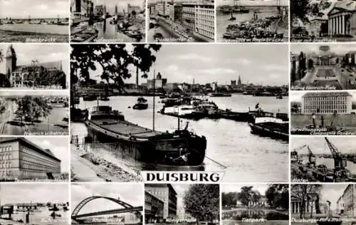 Ak Duisburg im Ruhrgebiet, Tierpark, Hafen, Rheinbrücke, Oper, Stadthaus, König Heinrich Platz