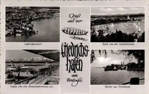 Ak Friedrichshafen Bodensee, Luftbild, Blick von der Schlosskirche, Hafen von der Bahnhofterrasse